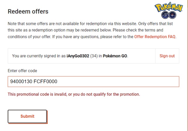 Pokémon GO official code redemption portals
