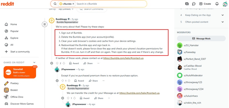 Contact Bumble support for location reset