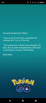 Thirty day ban on Pokemon GO