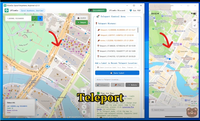 Map with teleport and joystick options