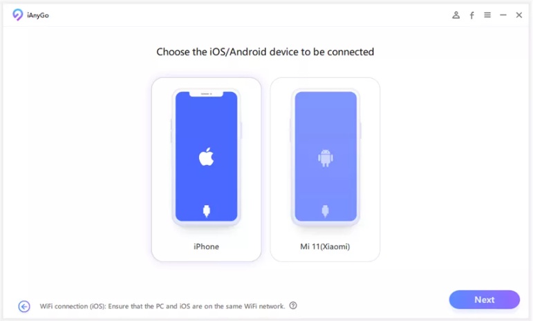 Open iAnyGo and connect phone