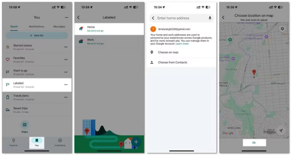 mobile: work location in google maps steps