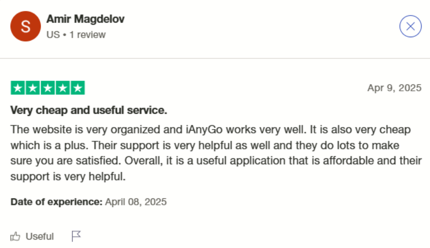 Trustpilot iAnyGo user reviews 2025